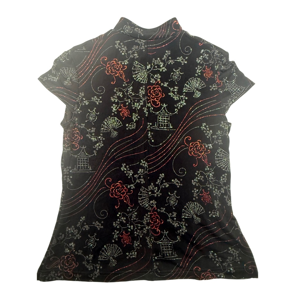 Vintage Patchington Asian Inspired Glitter Pagoda Keyhole Top Black Red Large